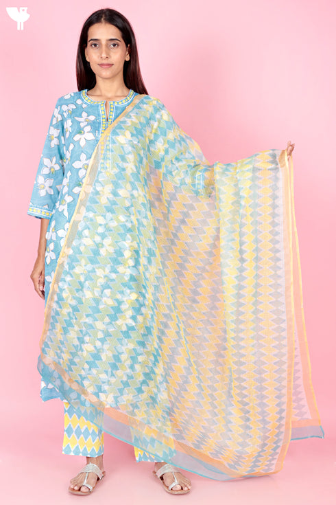 Mulmul Kurta Pant Set With Kota Dupatta In Block Print